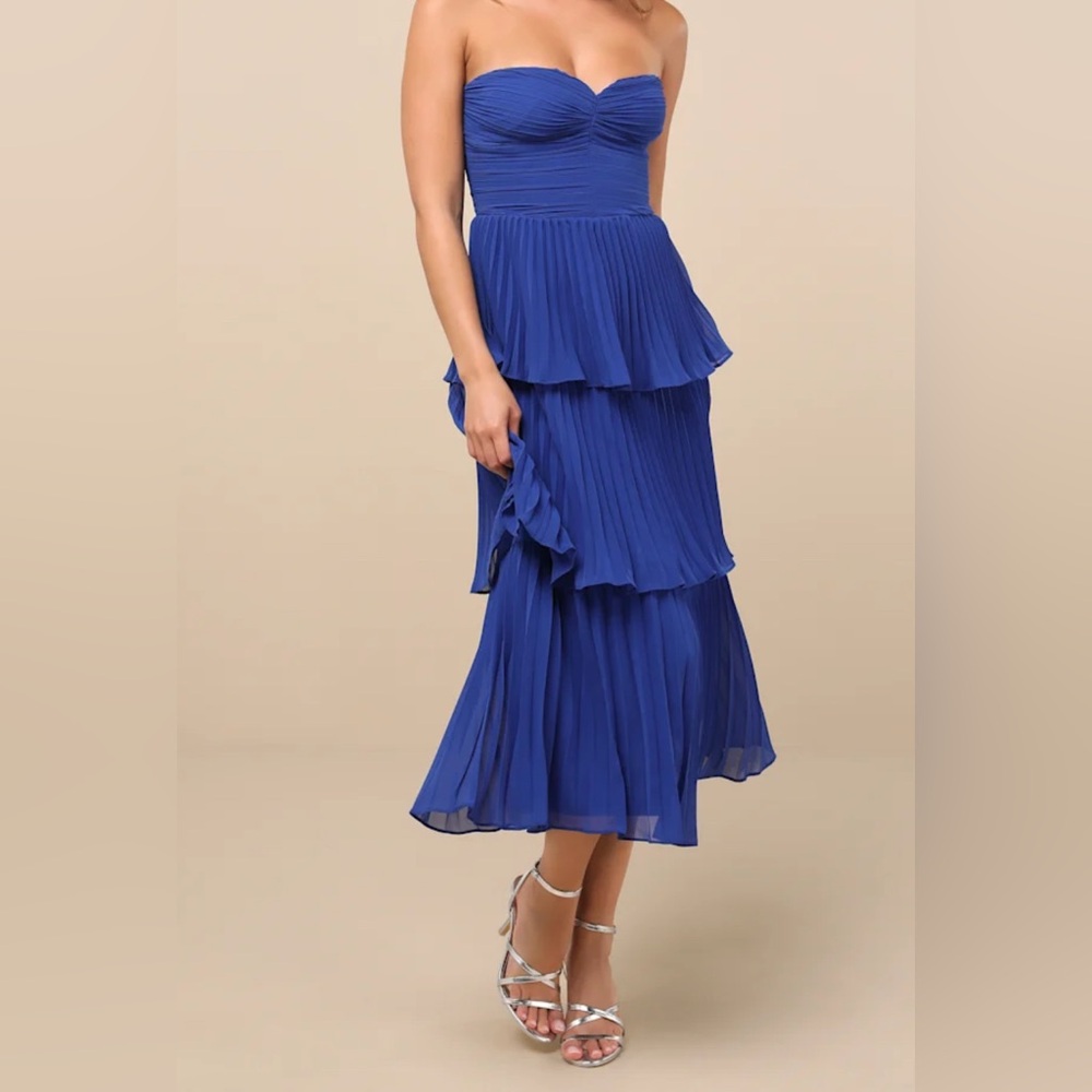 Lulu's Seriously Sensational Cobalt Blue Strapless Tiered Midi Dress